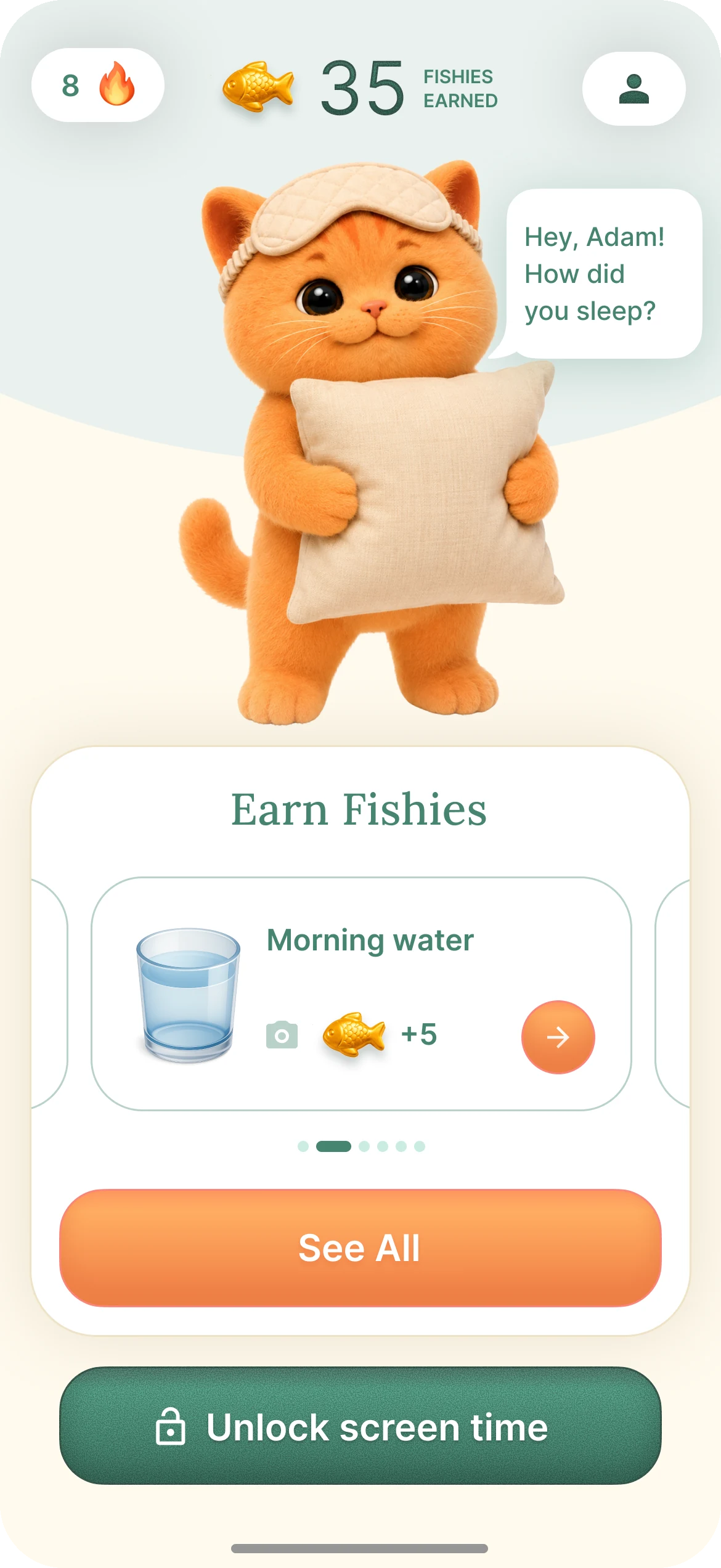 Tino home screen: earn Fishies and unlock screen time