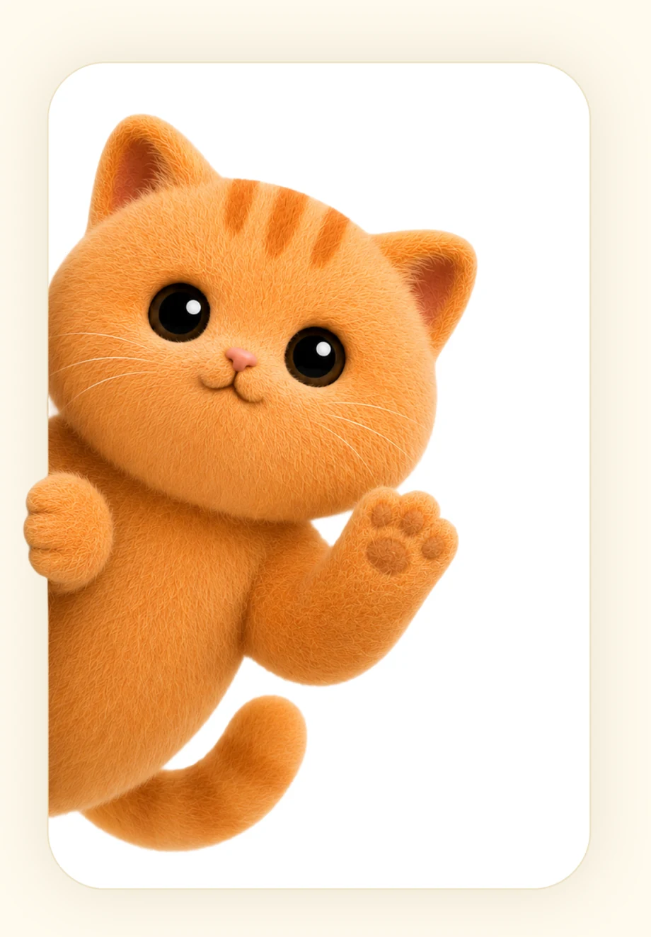 Tino the plush orange cat peeking out from behind a panel